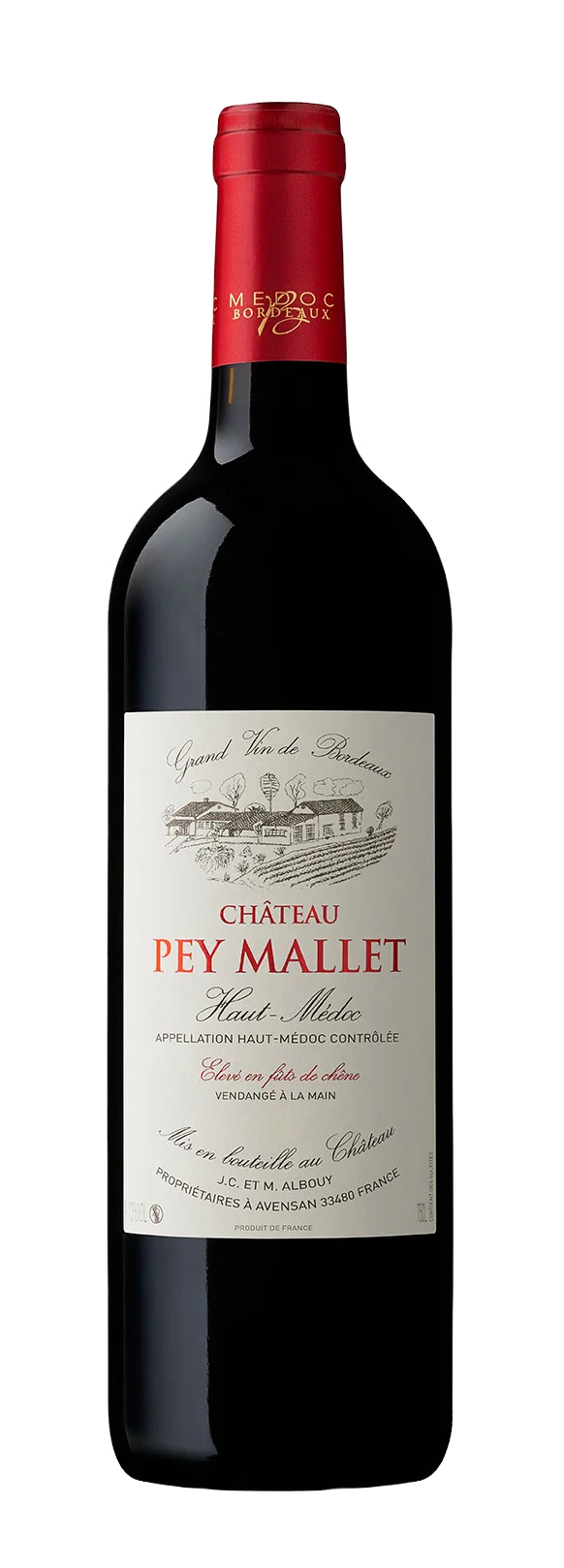 Une bouteille de Château Pey Mallet, Haut-Médoc, capsule rouge